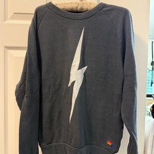 Aviator Nation Dark Gray Crew Neck Sweater with White Lightning Bolt